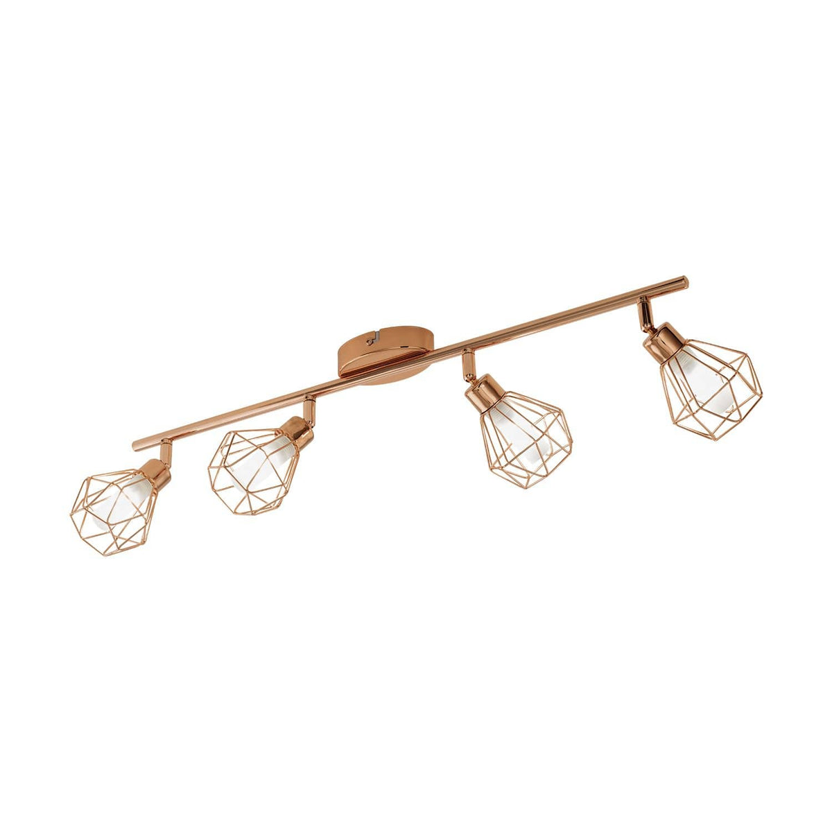 Luminaire quatre spots cuivrés à cages filaires géométriques, vue de face sur fond blanc