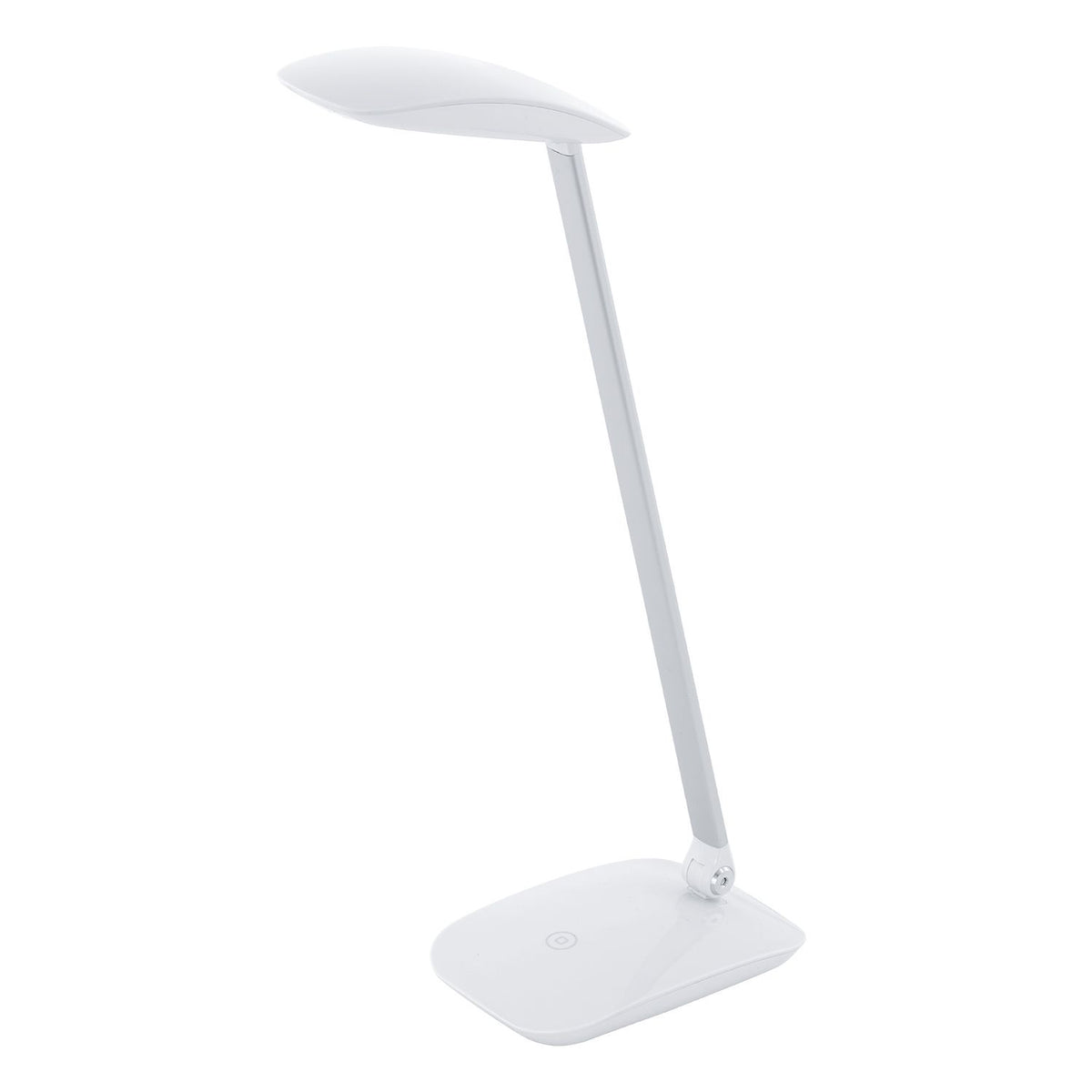 Vue de trois quarts du luminaire blanc, tête ovale inclinée et bras fin