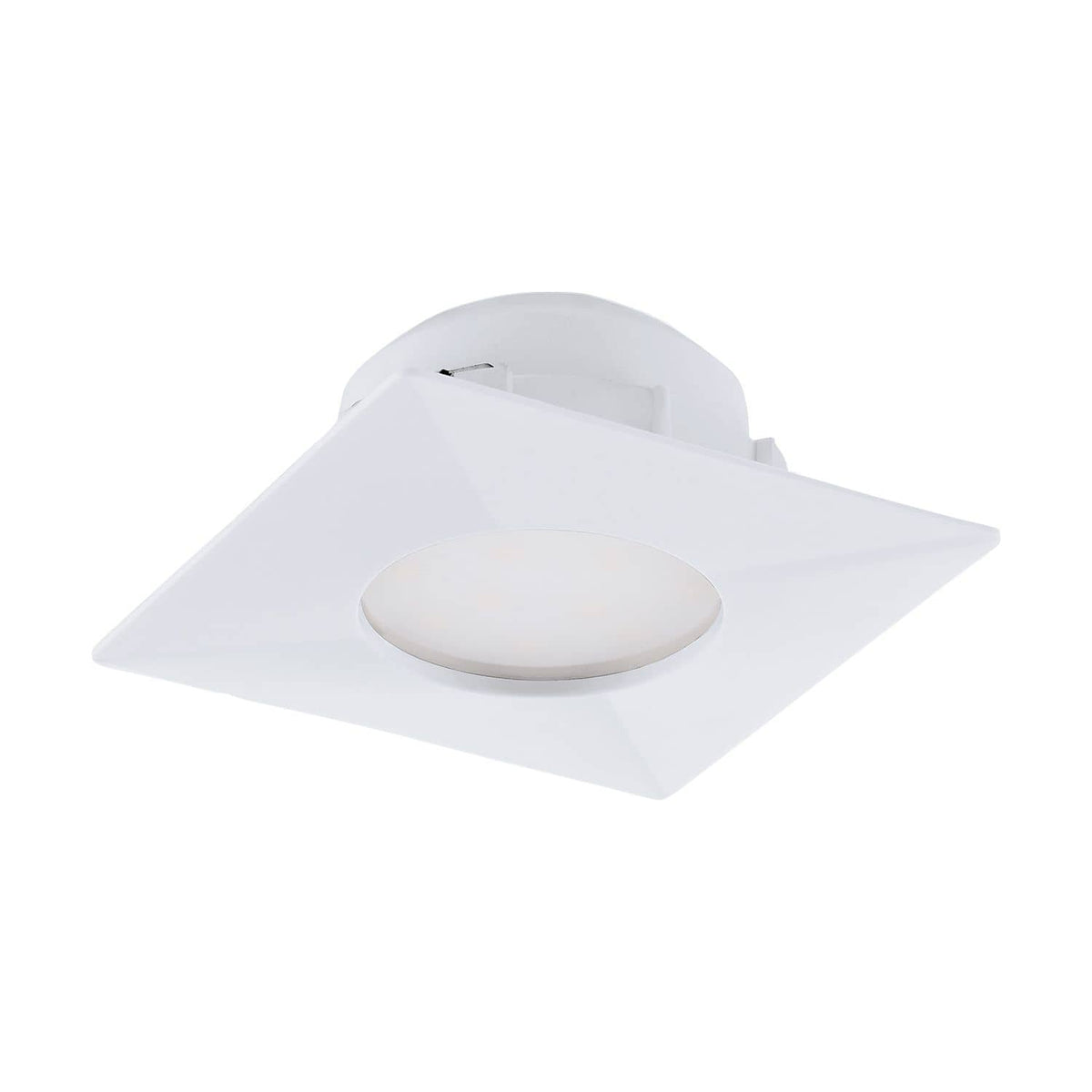 Vue en angle d'un spot encastrable blanc carré avec diffuseur central rond.
