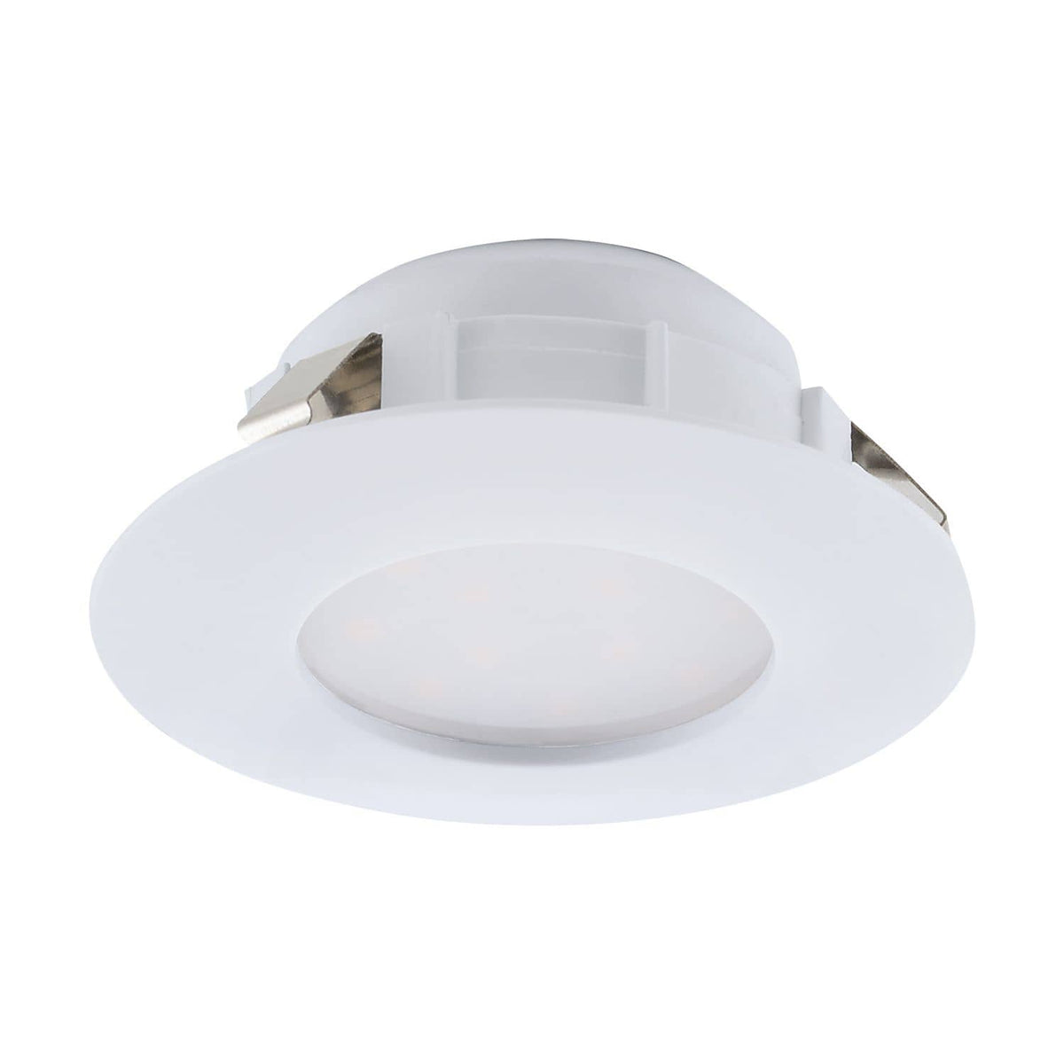Spot encastrable blanc vu de trois quarts, collerette circulaire et diffuseur légèrement bombé