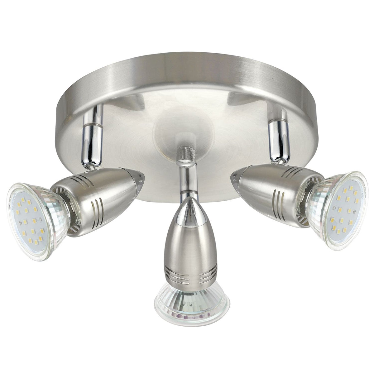 Plafonnier à trois spots orientables en nickel brossé, vue de face sur fond blanc.