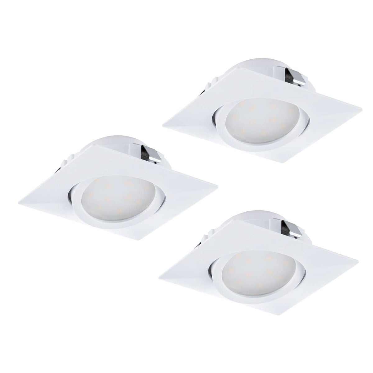 Trois spots encastrables blancs à cadre carré et diffuseur rond, vue produit isolée.