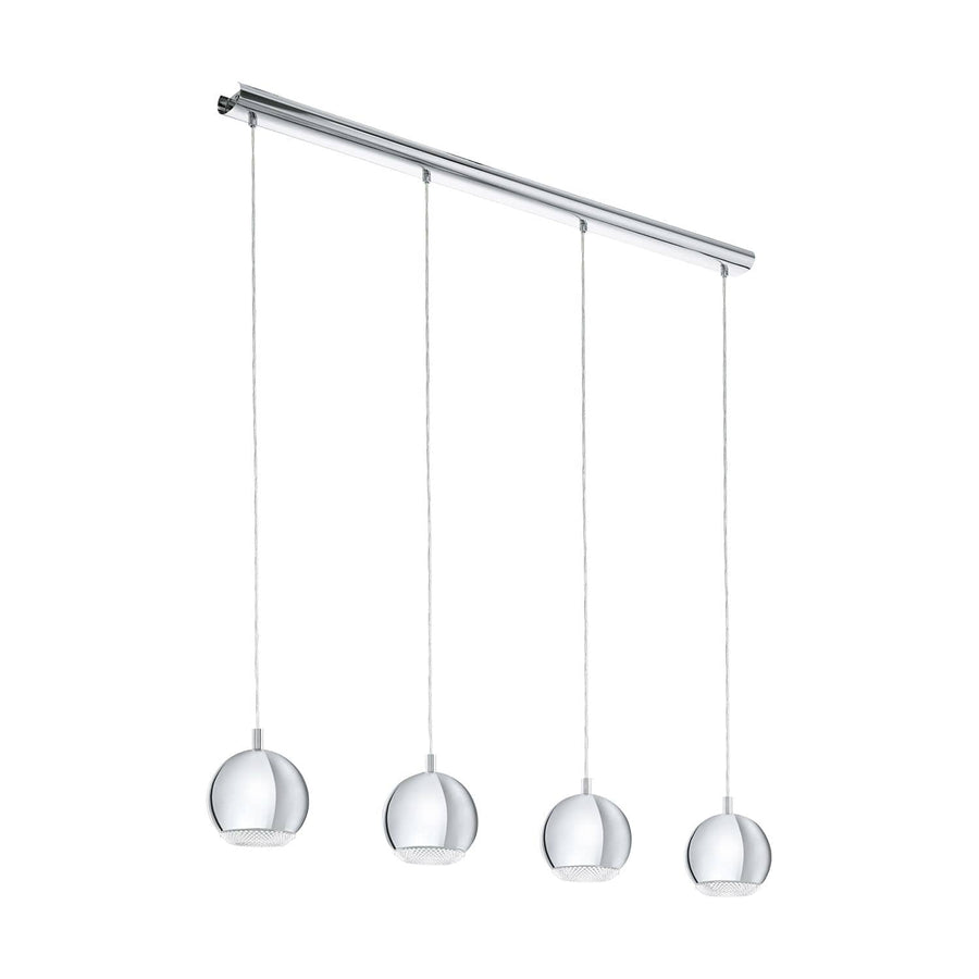 Suspension chromée vue de trois quarts, quatre globes sphériques alignés sous un rail