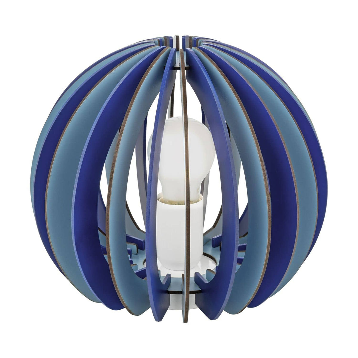 Lampe de face, lamelles de bois bleu formant une sphère ouverte autour de l'ampoule