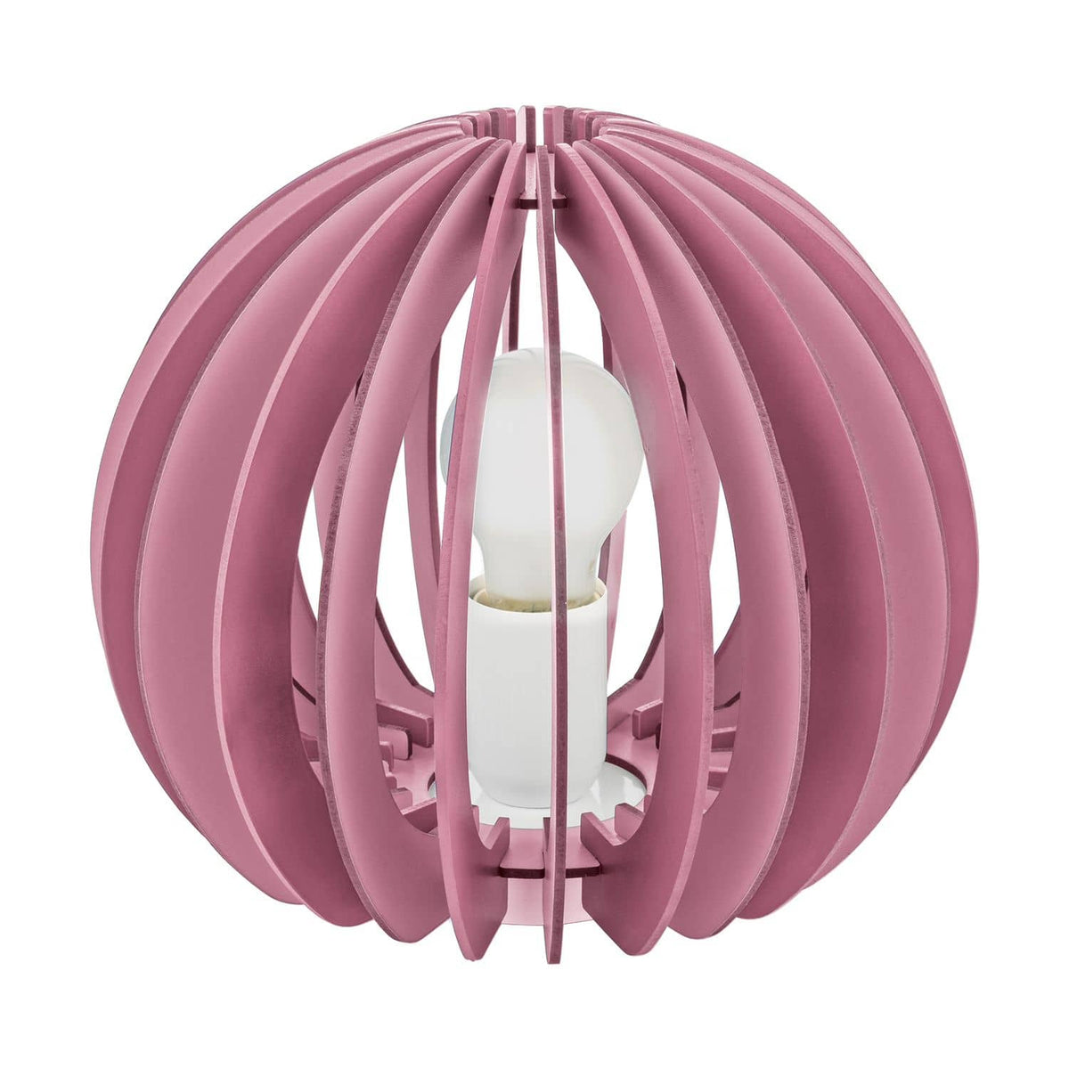 Lampe à poser rose en bois, vue de face, dévoilant ses lamelles courbées et l'ampoule centrale.