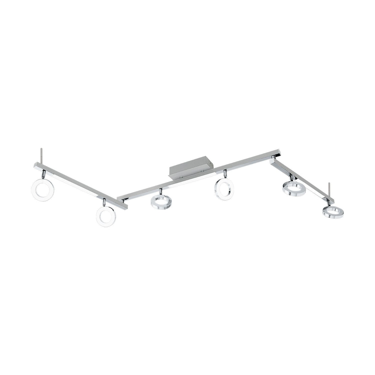 Luminaire complet de face, six spots annulaires chromés sur barre articulée