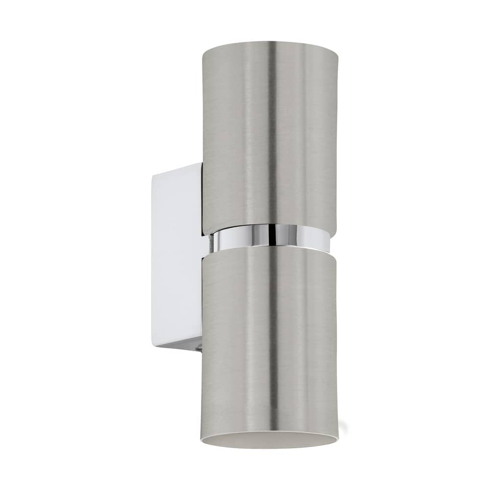 Vue de face sur fond blanc, applique double cylindre en métal brossé avec bague chromée