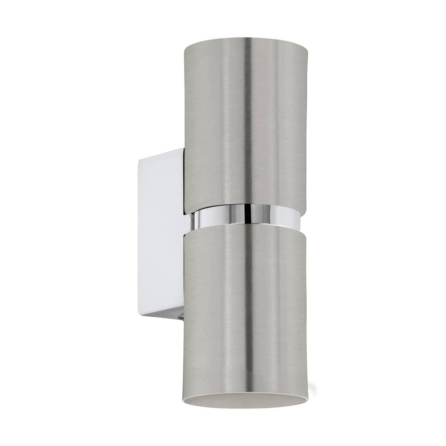 Vue de face sur fond blanc, applique double cylindre en métal brossé avec bague chromée