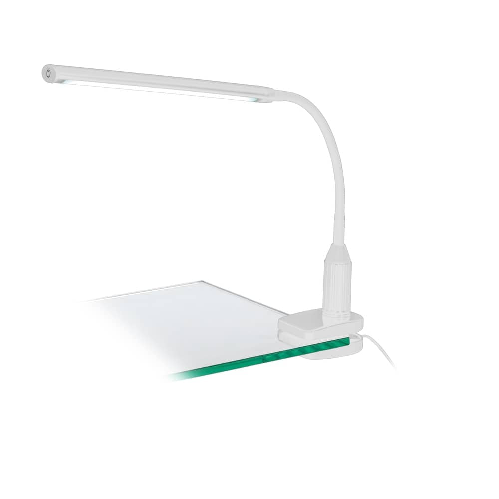 Lampe de bureau blanche vue de face, pince fixée sur un plateau de table