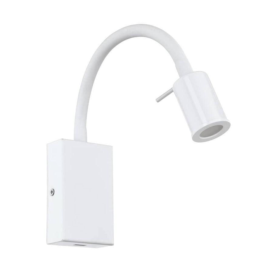 Applique murale blanche de profil sur fond blanc, bras courbé et tête cylindrique