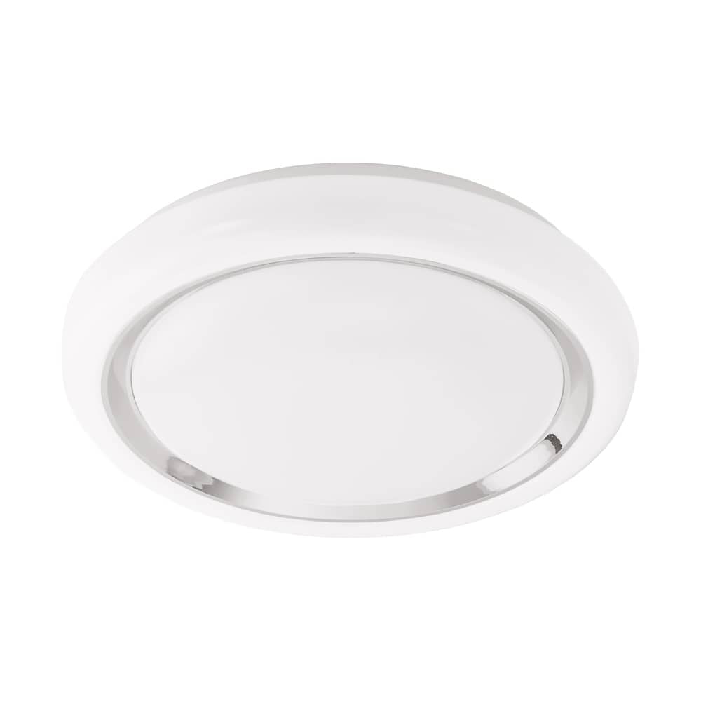 Plafonnier rond blanc vu de dessus, avec anneau chromé et diffuseur central bombé