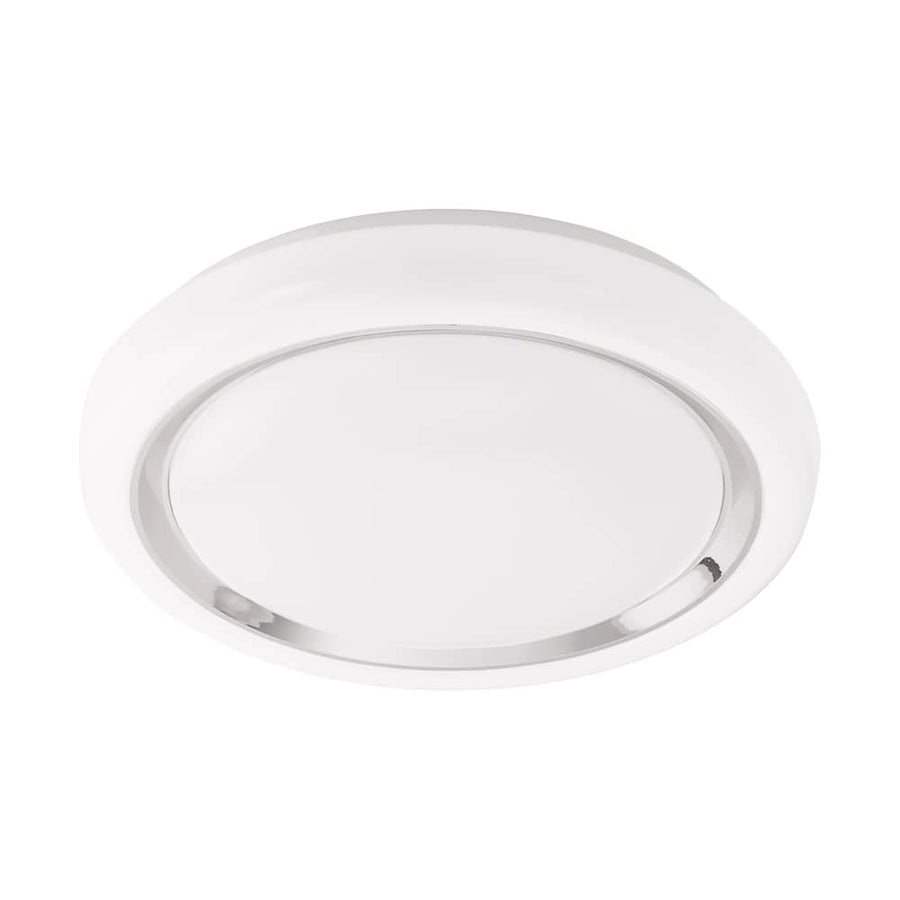 Plafonnier rond blanc vu de dessus, avec anneau chromé et diffuseur central bombé
