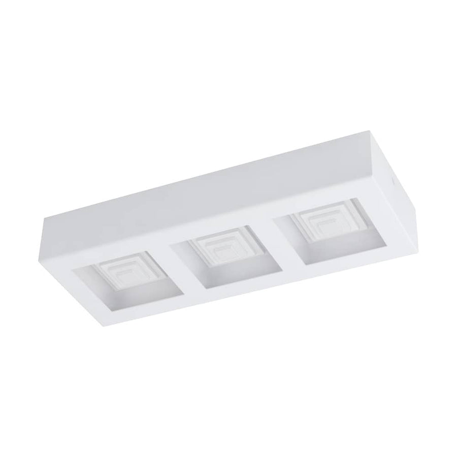 Plafonnier blanc rectangulaire à trois spots carrés, vu de trois quarts