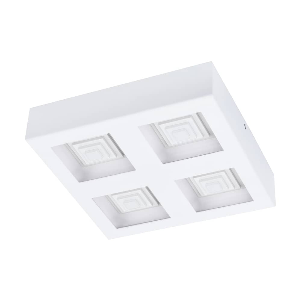 Vue de trois quarts du plafonnier blanc carré avec quatre modules lumineux.
