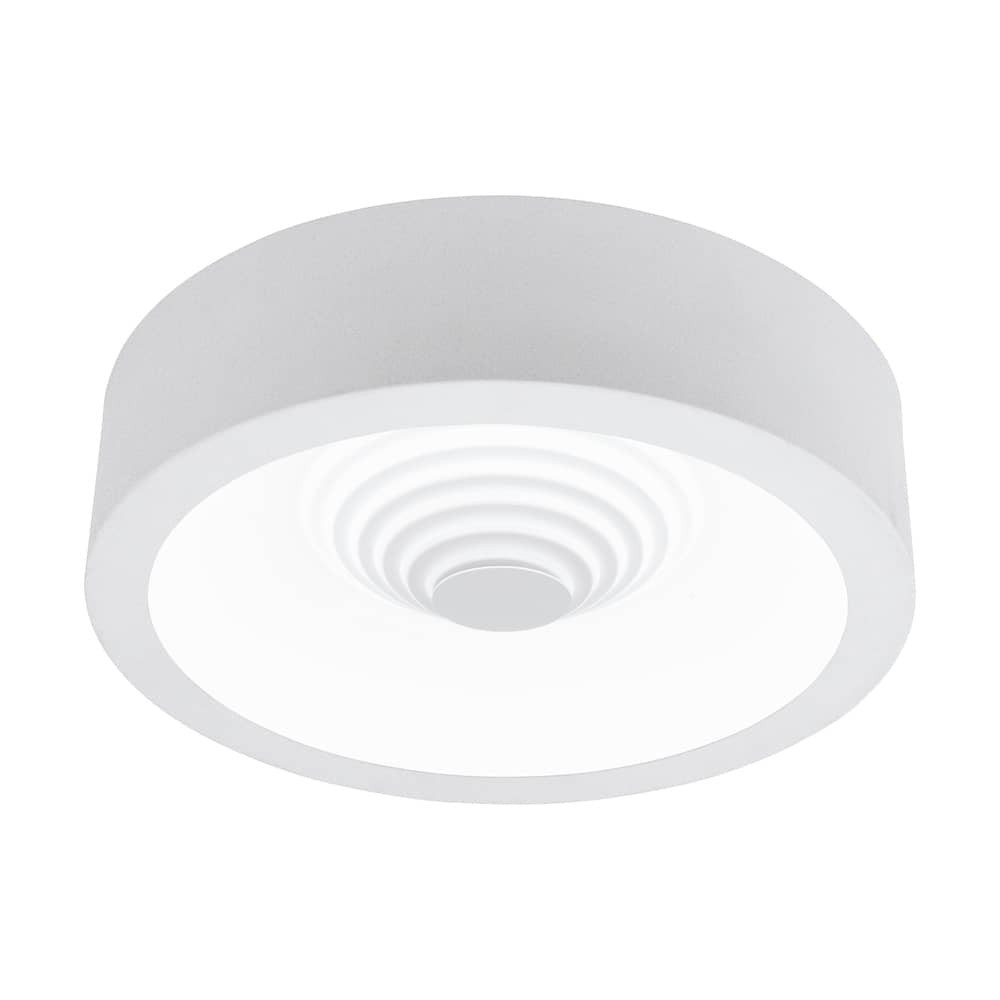Plafonnier blanc rond vu de dessous, diffuseur strié et verre dépoli