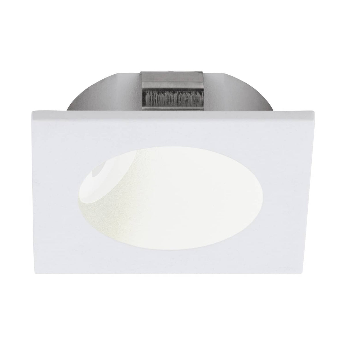 Vue de face du spot encastrable blanc avec plaque carrée et diffuseur central circulaire.