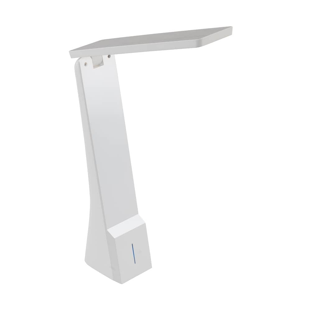 Lampe blanche de trois quarts sur fond blanc, tête rectangulaire relevée vers le haut
