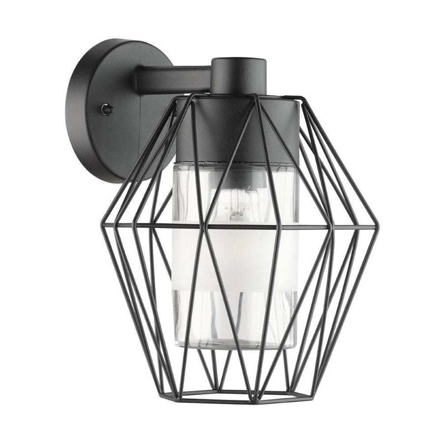 Applique murale noire à cage géométrique et verre cylindrique, vue de face sur fond blanc.