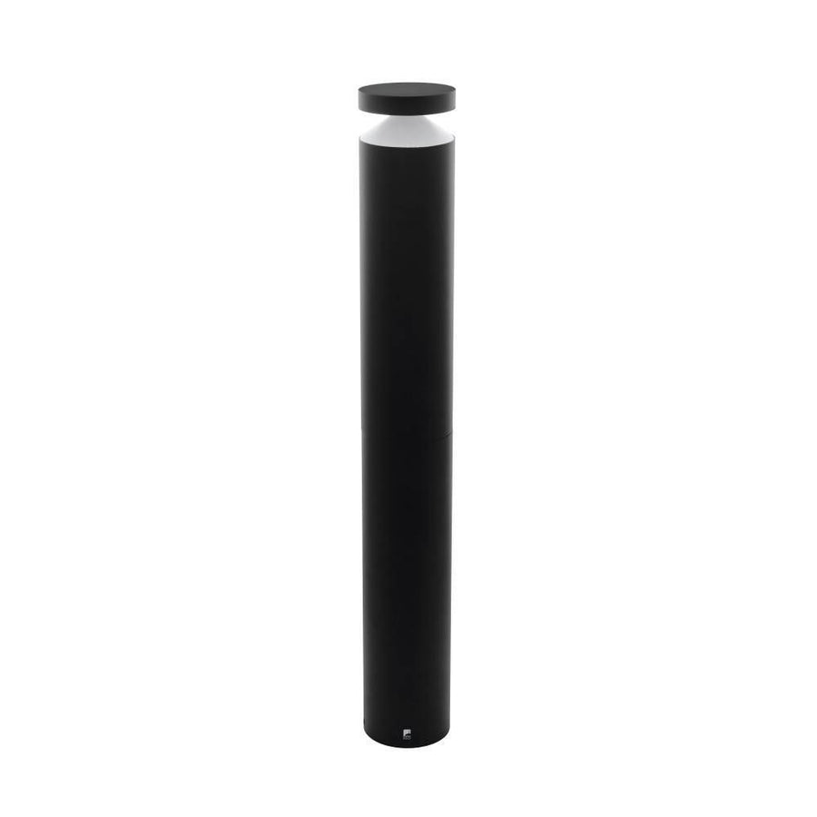 Borne lumineuse cylindrique noire présentée de face sur fond blanc, vue produit.