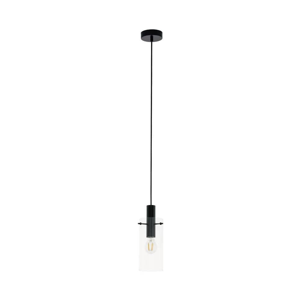 Vue de face de la suspension complète, câble noir et cylindre en verre transparent