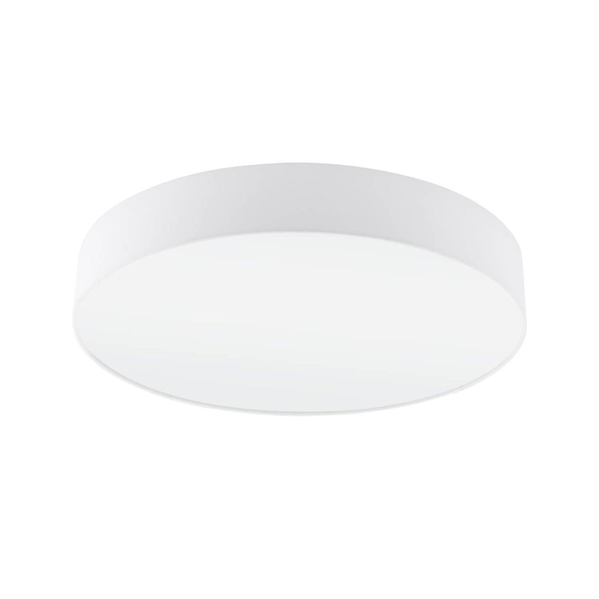 Plafonnier blanc circulaire de trois quarts, abat-jour cylindrique et diffuseur inférieur opalin.