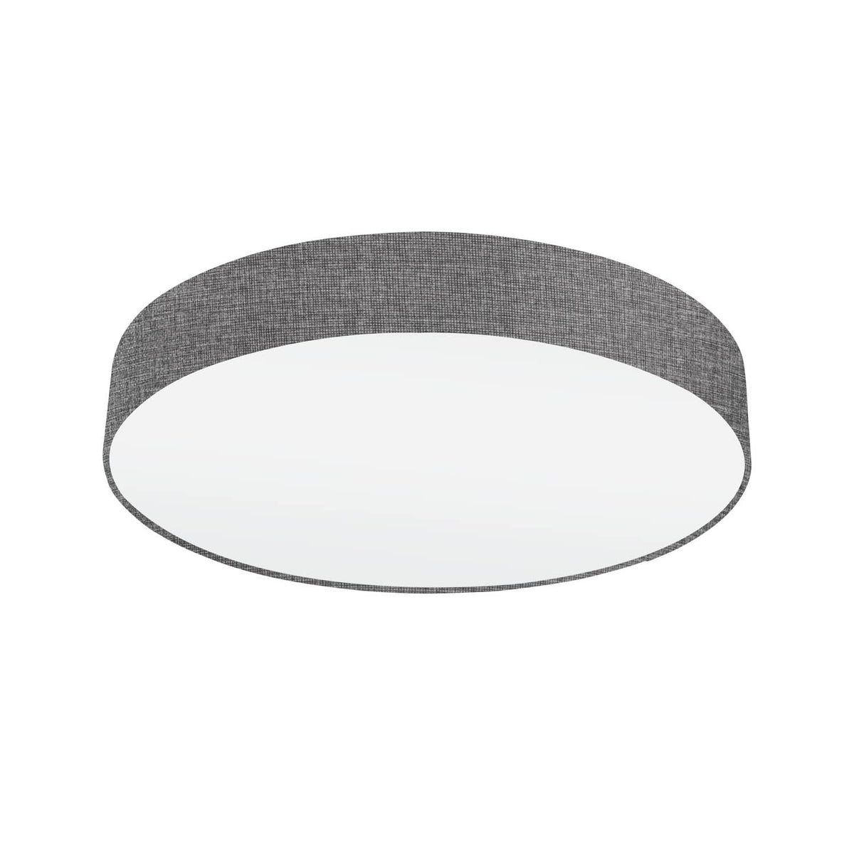 Vue de face du plafonnier rond avec abat-jour textile gris chiné