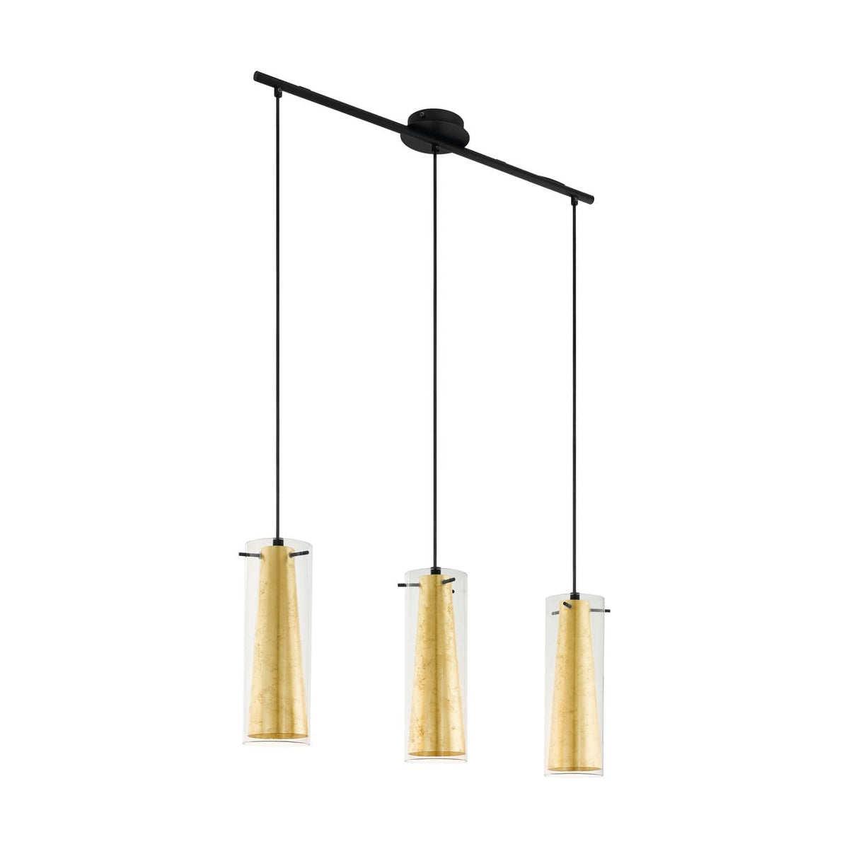 Suspension trois lumières en verre transparent avec intérieur doré, vue sur fond blanc
