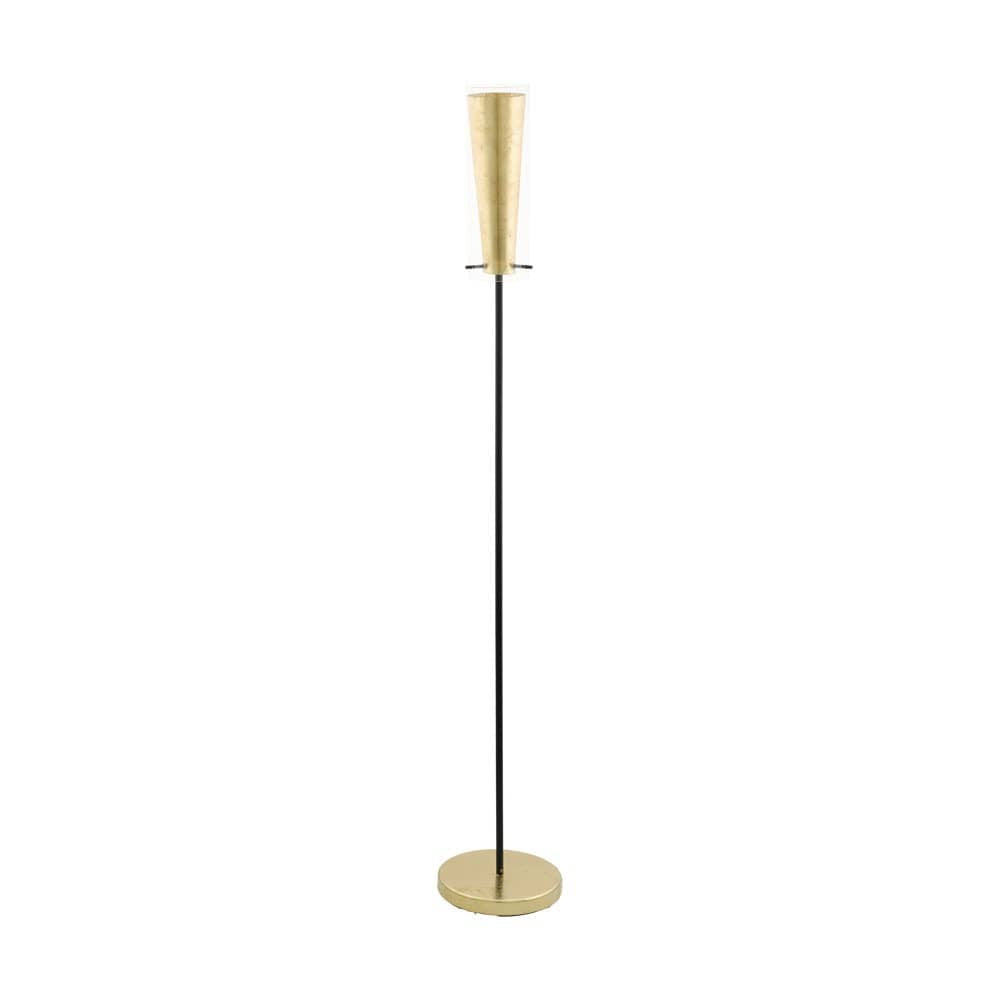 Lampadaire doré vu de face, abat-jour conique et fine tige noire sur fond blanc