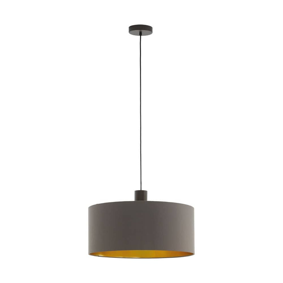 Suspension vue de face sur fond blanc, abat-jour cylindrique gris et intérieur doré