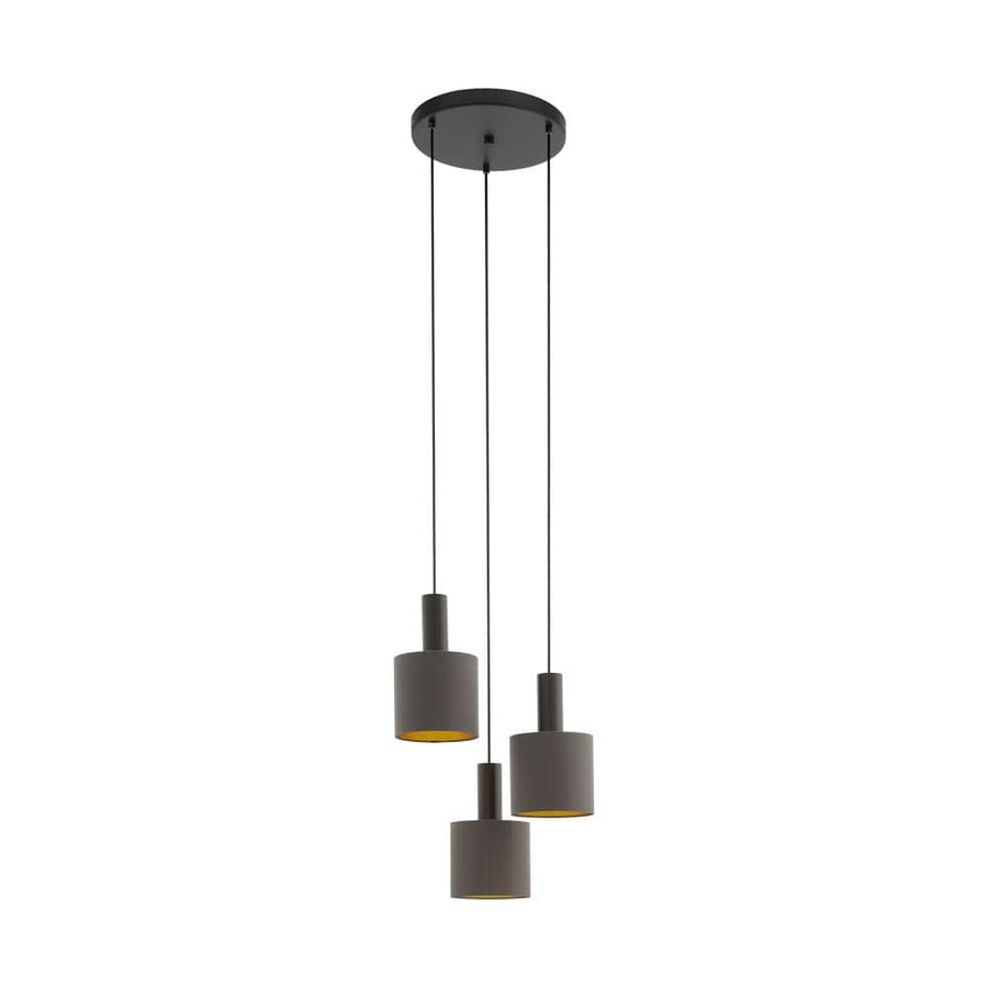 Suspension trois lumières vue de face, abat-jours cylindriques gris à intérieur doré.
