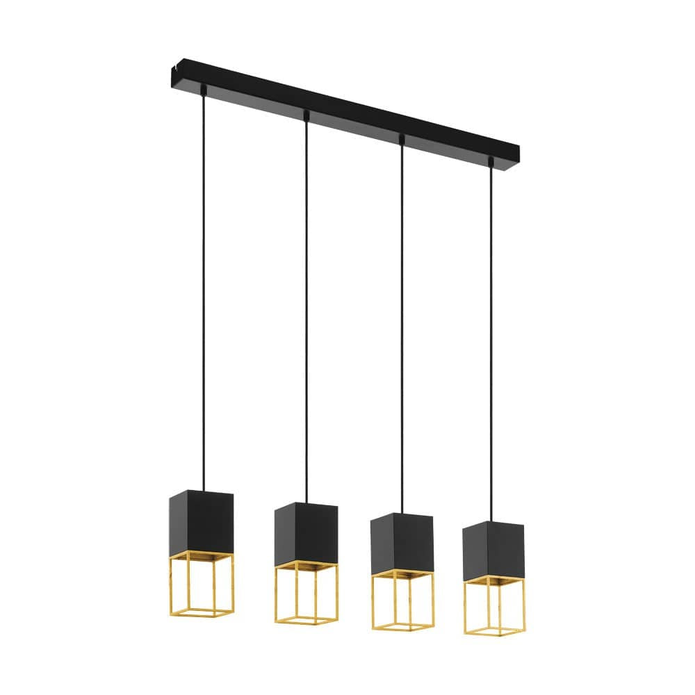 Vue produit sur fond blanc du luminaire suspendu à quatre cubes noirs et dorés.