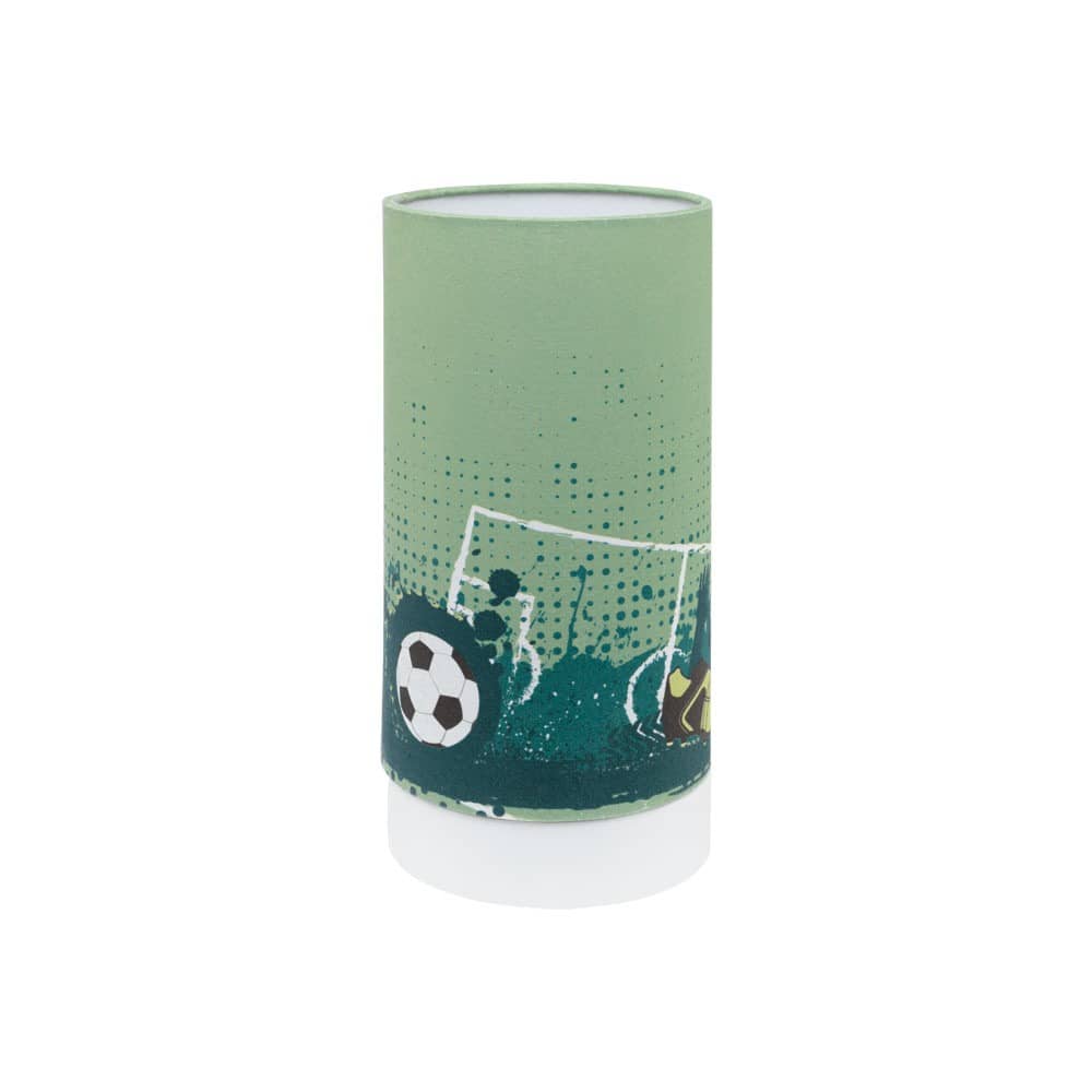 Lampe à poser cylindrique verte, produit de face sur fond blanc, décor de ballon et but de football