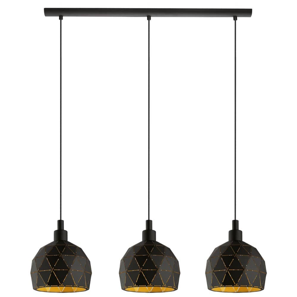 Suspension trois abat-jours noirs facettés, vue de face sur fond blanc