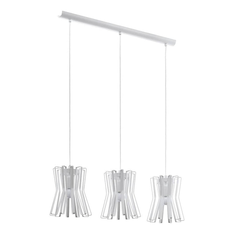 Suspension blanche trois abat-jours cage en fil métallique sur barre de fixation