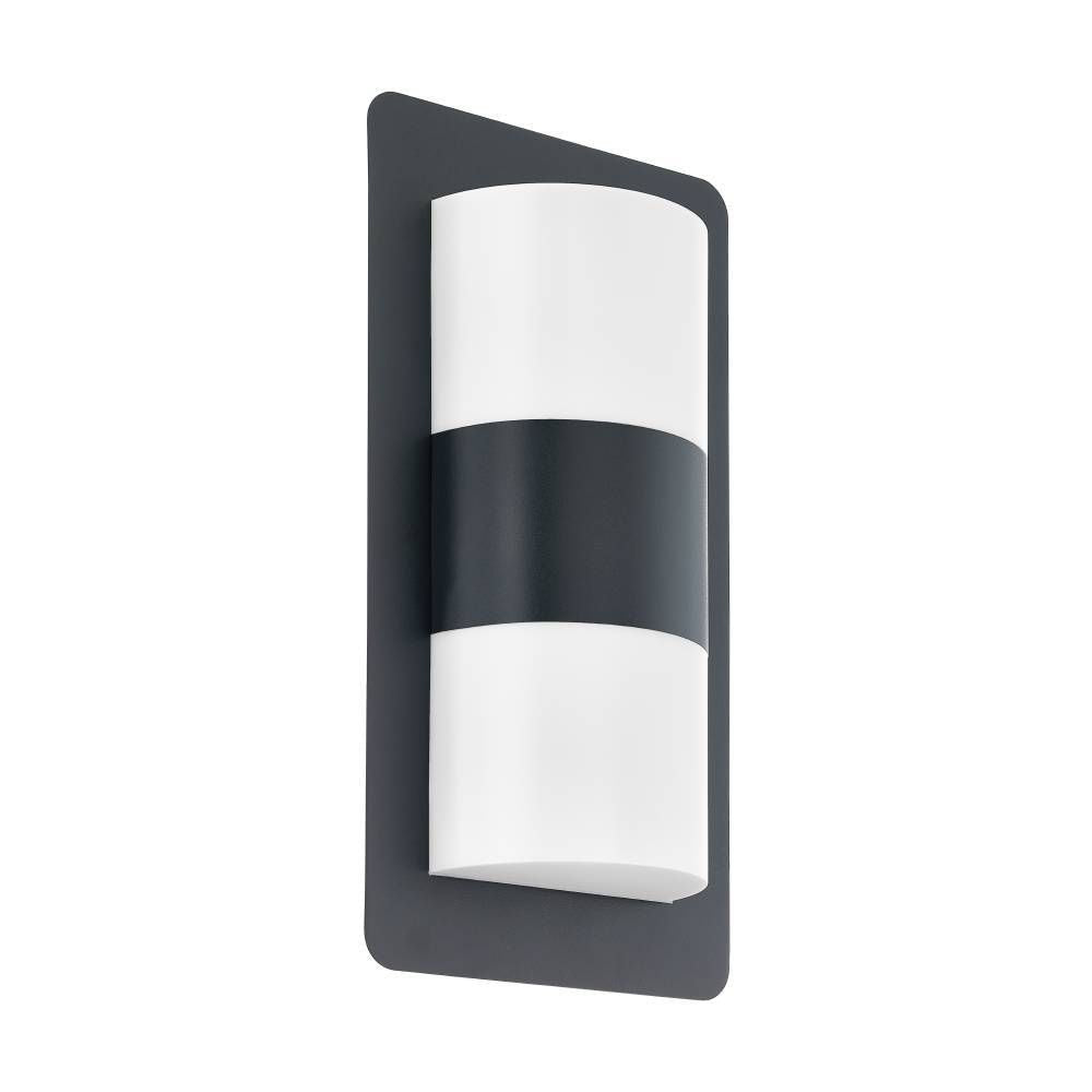 Applique murale extérieure anthracite et blanche présentée de trois quarts sur fond blanc.
