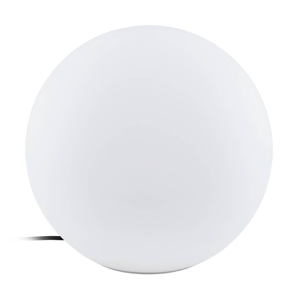 Sphère lumineuse blanche de face sur fond blanc, câble d'alimentation visible