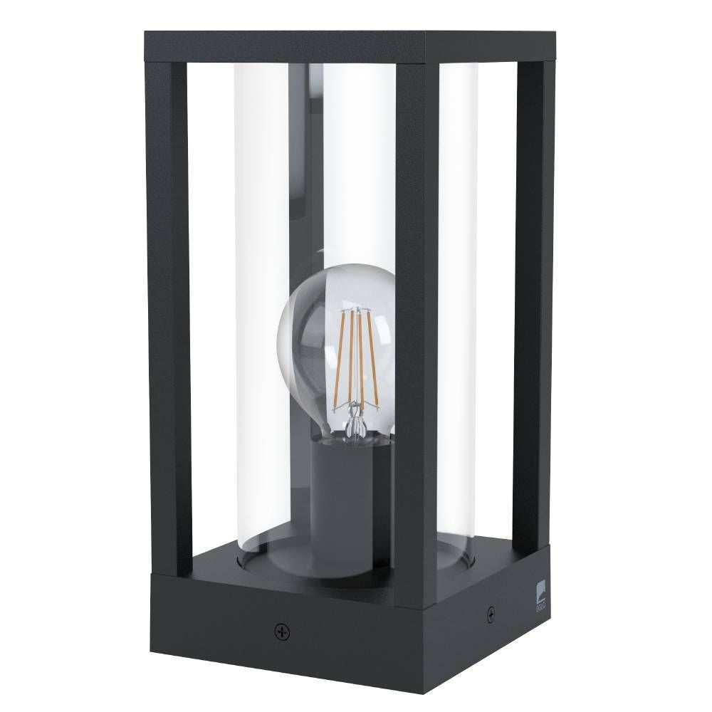 Lampadaire extérieur noir à structure rectangulaire et diffuseurs cylindriques, ampoule visible de face