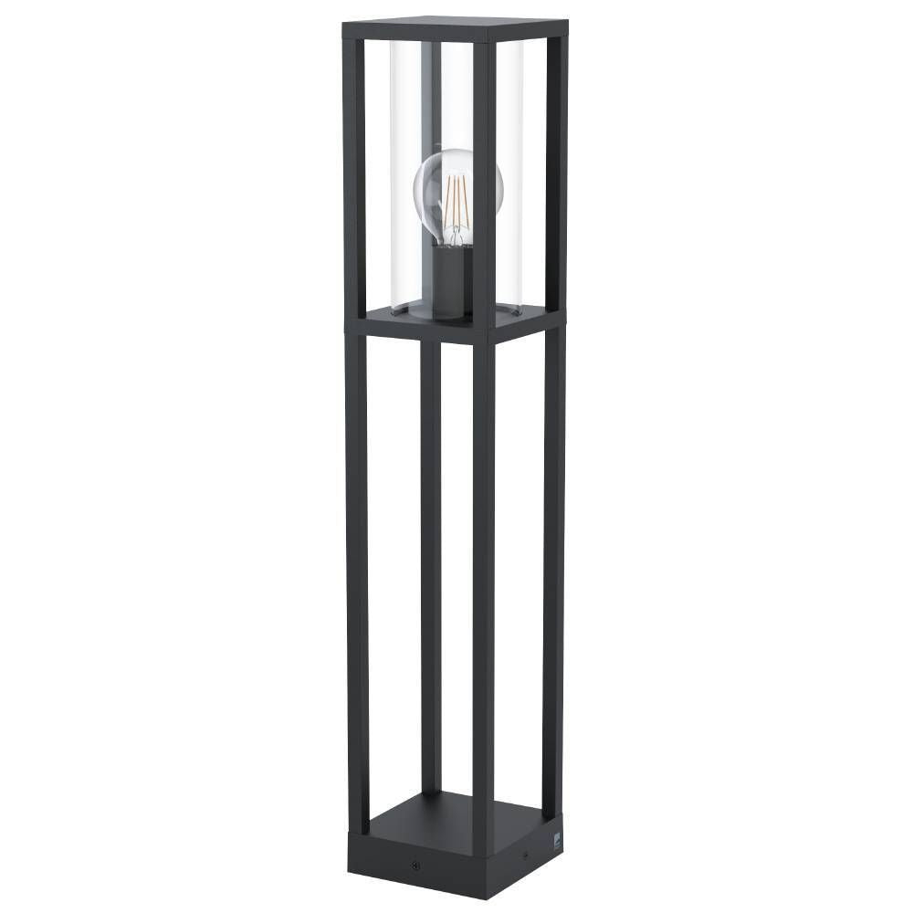 Lampadaire extérieur noir rectangulaire avec ampoule à filament visible sur fond blanc
