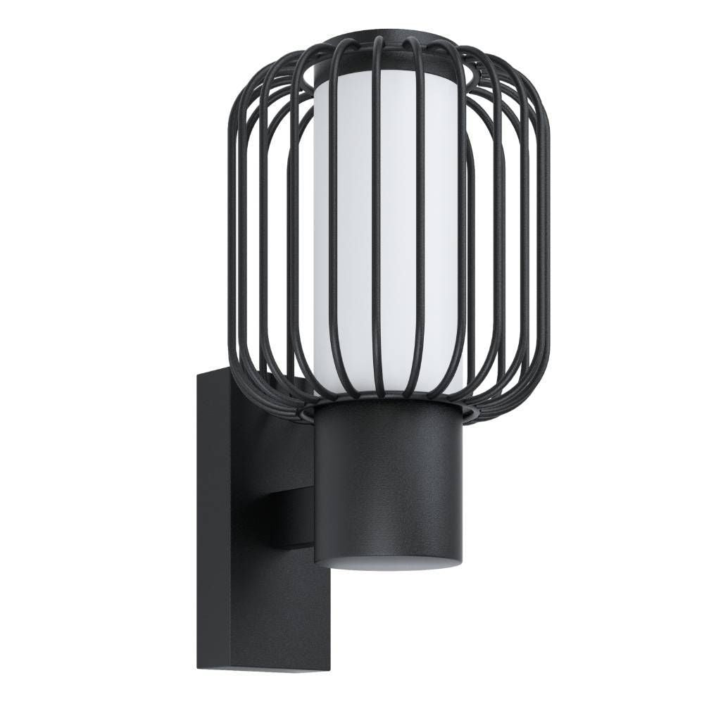 Applique murale noire, cage métallique et diffuseur cylindrique blanc, vue de face sur fond blanc.