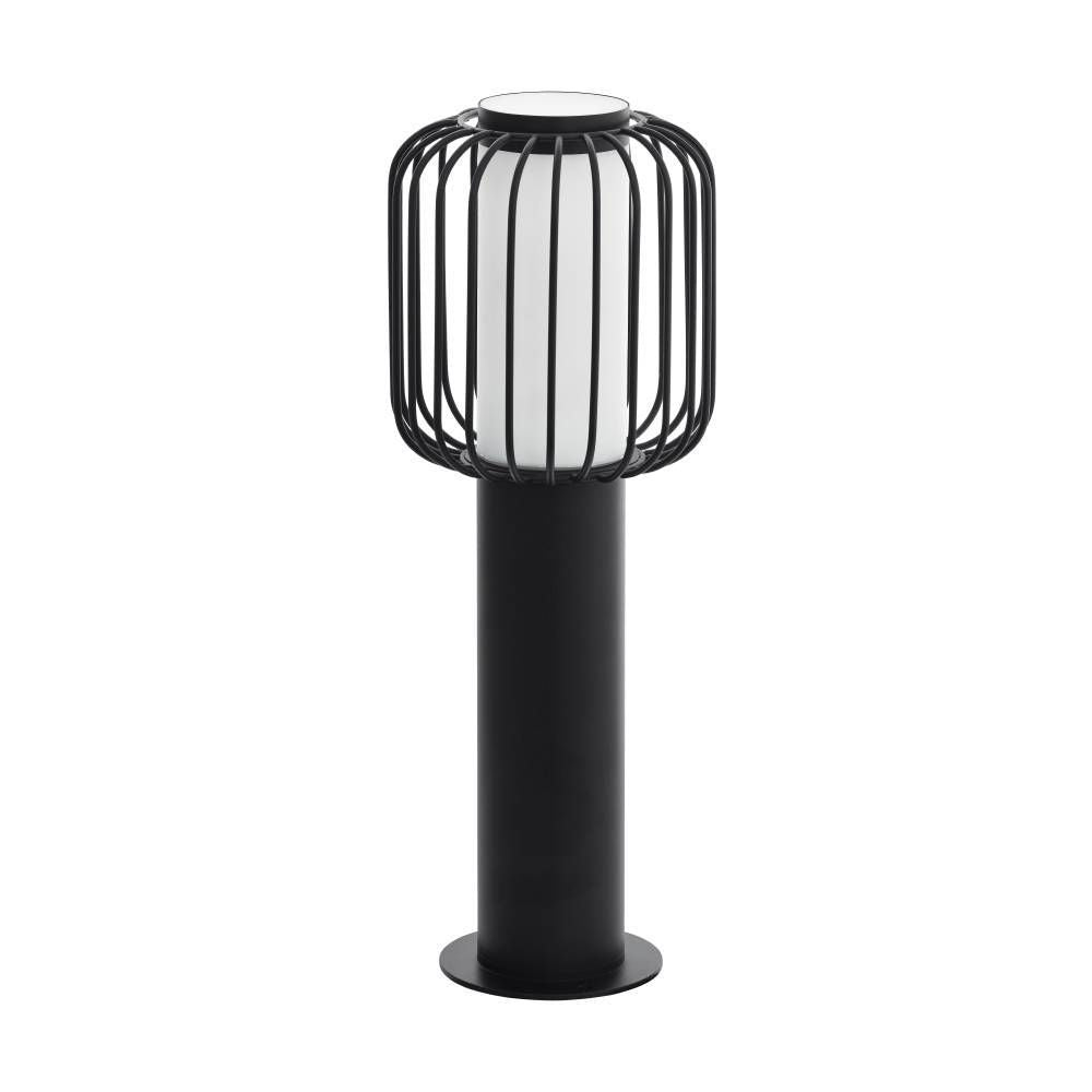 Lampadaire extérieur noir vu de face, cage métallique et diffuseur cylindrique blanc