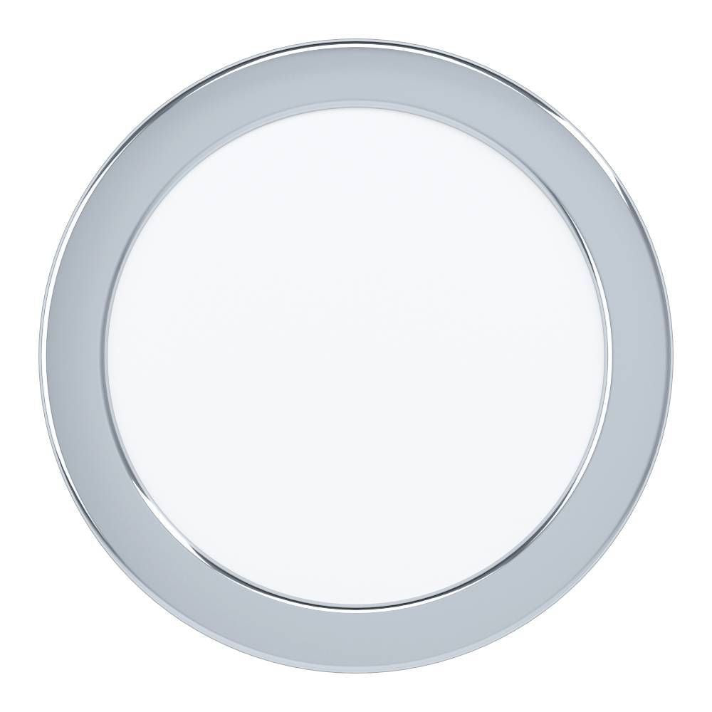 Vue de face du spot encastrable rond, cerclage chromé et diffuseur blanc opalin