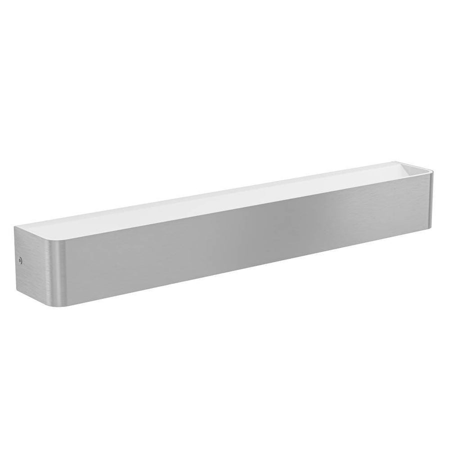 Luminaire rectangulaire en métal brossé présenté de face sur fond blanc