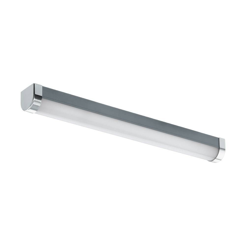Vue isolée du luminaire tubulaire argenté et blanc, orienté en diagonale sur fond blanc.