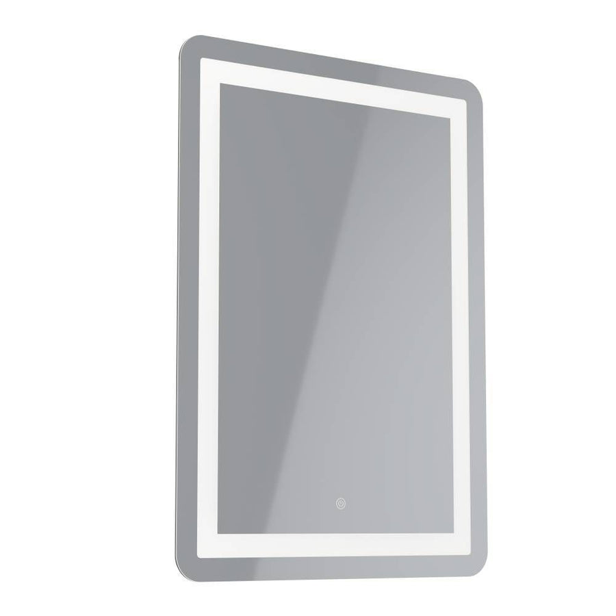 Miroir rectangulaire lumineux de face, cadre argenté avec bandeau LED et bouton tactile.