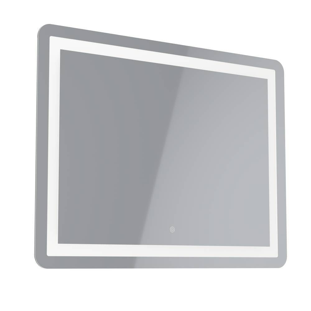 Vue de face d'un miroir mural rectangulaire avec bord lumineux et bouton tactile.