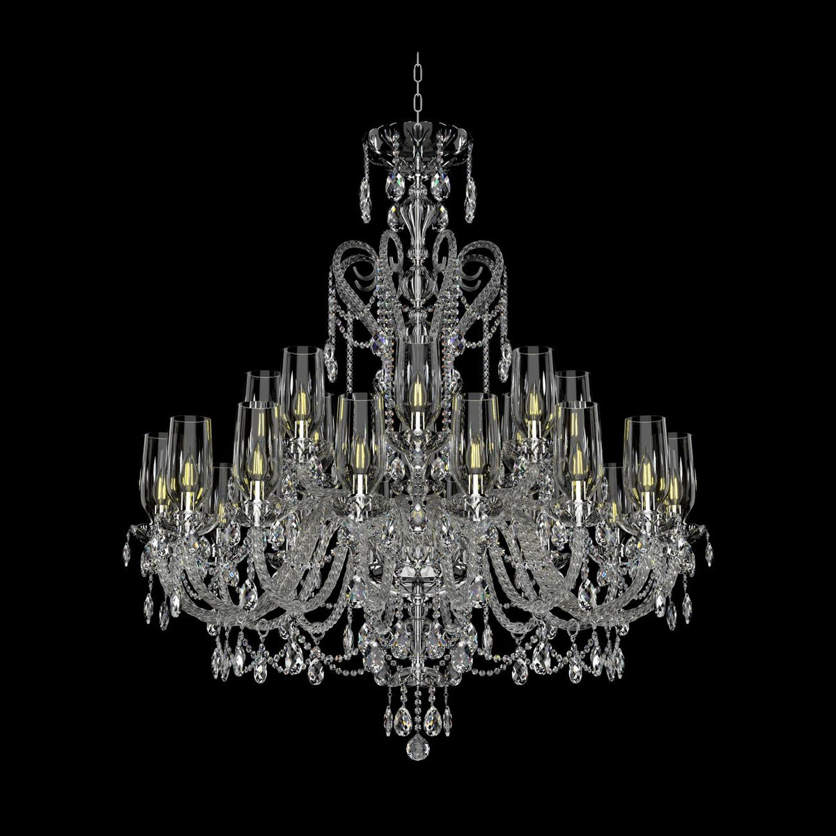 Même lustre en cristal présenté sur fond noir, éclairage mettant en avant les reflets.