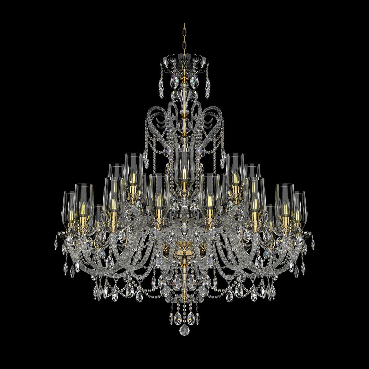 Lustre en cristal de face sur fond noir, mettant en valeur ses bras et pendeloques.