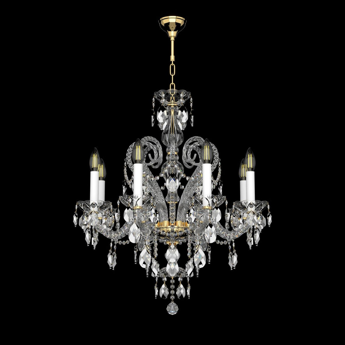 Lustre en cristal de Bohême à six bras, face sur fond noir, ampoules allumées.