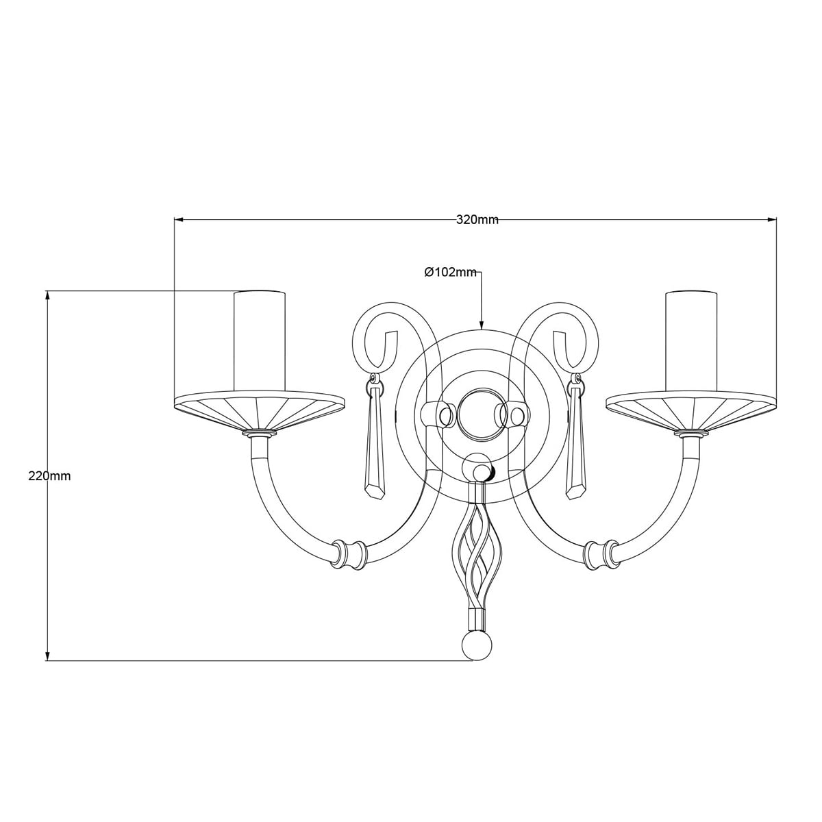 Schéma technique coté indiquant 320 mm de largeur et 220 mm de hauteur