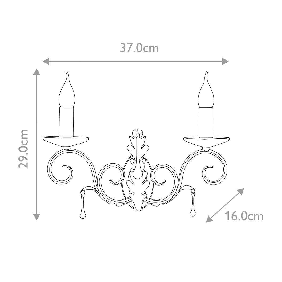 Schéma coté : largeur 37 cm, hauteur 29 cm et profondeur 16 cm.